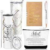 Sunnychicc 4 Pcs Graduation School Counselor Must Have Gifts Include 20oz Stainless Steel Tumbler Appreciation Makeup Bag Journal Pen Thank You Gift for Educator Teacher(Silver White)