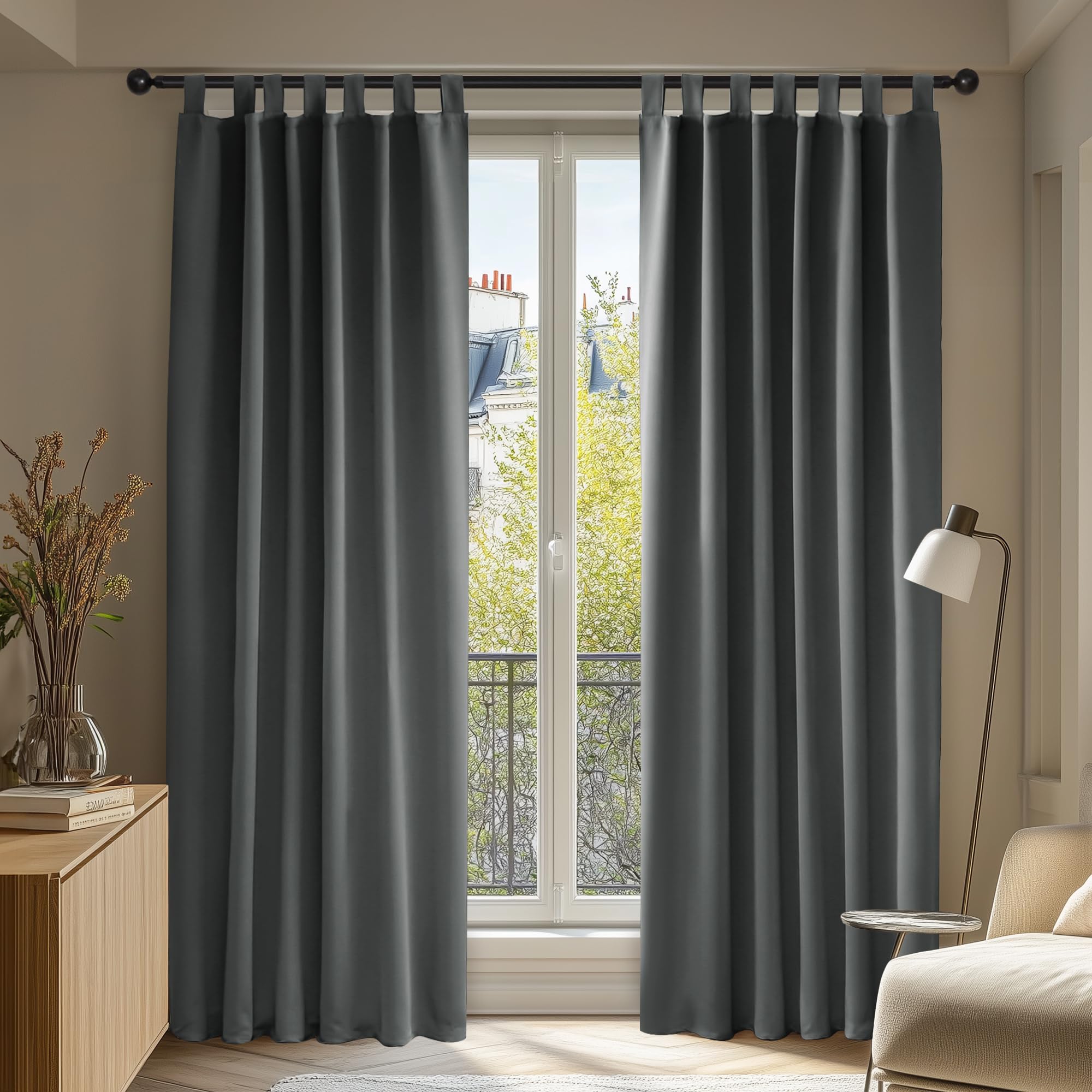Deconovo Super Soft Solid Thermal Insulated Blackout Curtains Tab Top Curtains for Kitchen 140x175cm Drak Grey ONE Pair