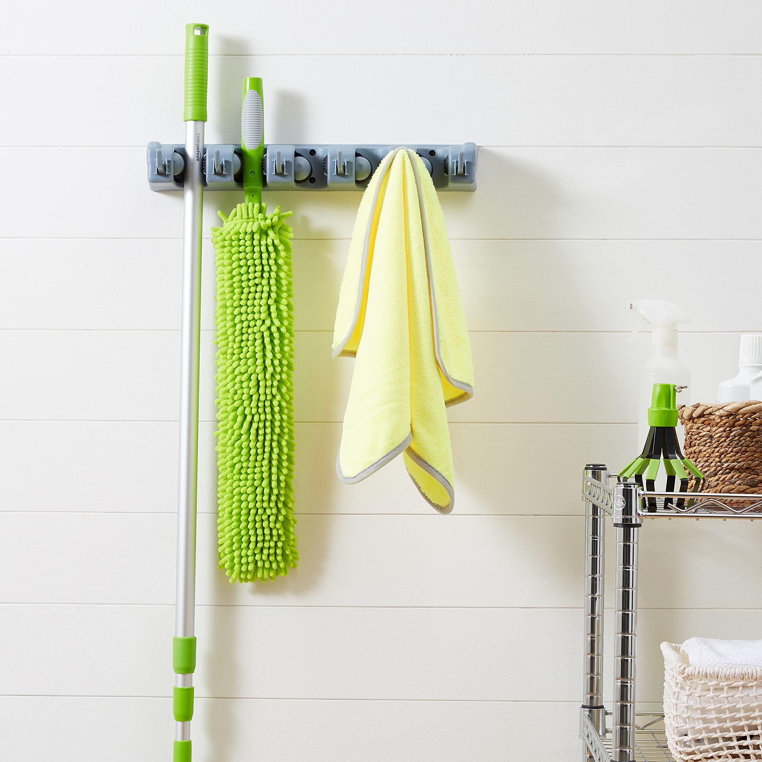 Amazon Basics Rectangular Heavy Duty, Wall Mount Storage Broom, Mop Holder or Tool Organizer with Hooks and Slots for Home, Garage, Garden, Laundry, or Kitchen, 2.36 x 16.9 x 3.35 in, Gray