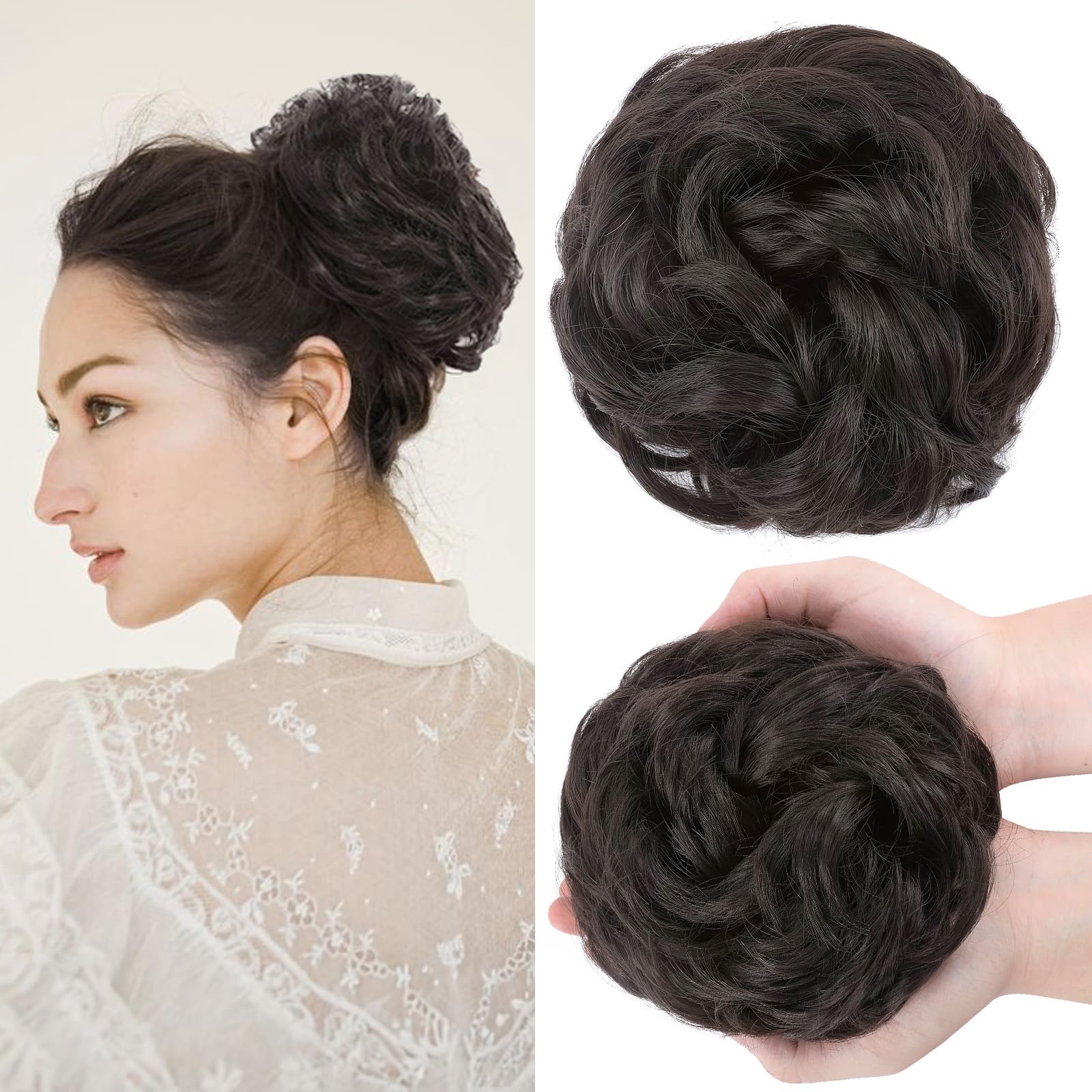 SEGOHAIR Messy Bun Hair Piece Fake Hair Bun Hair Scrunchies Bun - Lightweight 45g Synthetic Hair Bun Piece for Women, Dark Brown Curly Wavy Elastic updo Scrunchy Bun