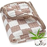 BEILIMU Ultra Soft Muslin Baby Blanket Neutral Versatile 6 Layers Swaddle and Bed Blanket for Babies, Toddlers, Boys or Girls Coffee Checkered 43 x 43 Inches