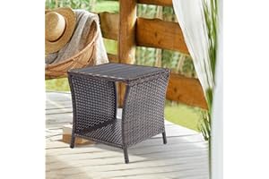PATIO NOVAGARDEN Outdoor Side Table for Patio Small Rattan Wicker Coffee Table Balcony Table Outside End Table with Poly Lumber Table Top & Storage Bistro Table for Garden Porch Deck Living Room Backyard Brown