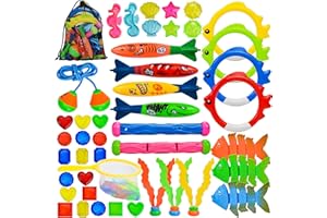 YGSEPCC 45 Pcs Pool Diving Swimming Toys for Kids Ages 3-12 Summer Pool Game Toys Set with Diving Door Diving Stick Fish Ring Gemstone Storage Bag for Boys Girls Underwater Dive Toys