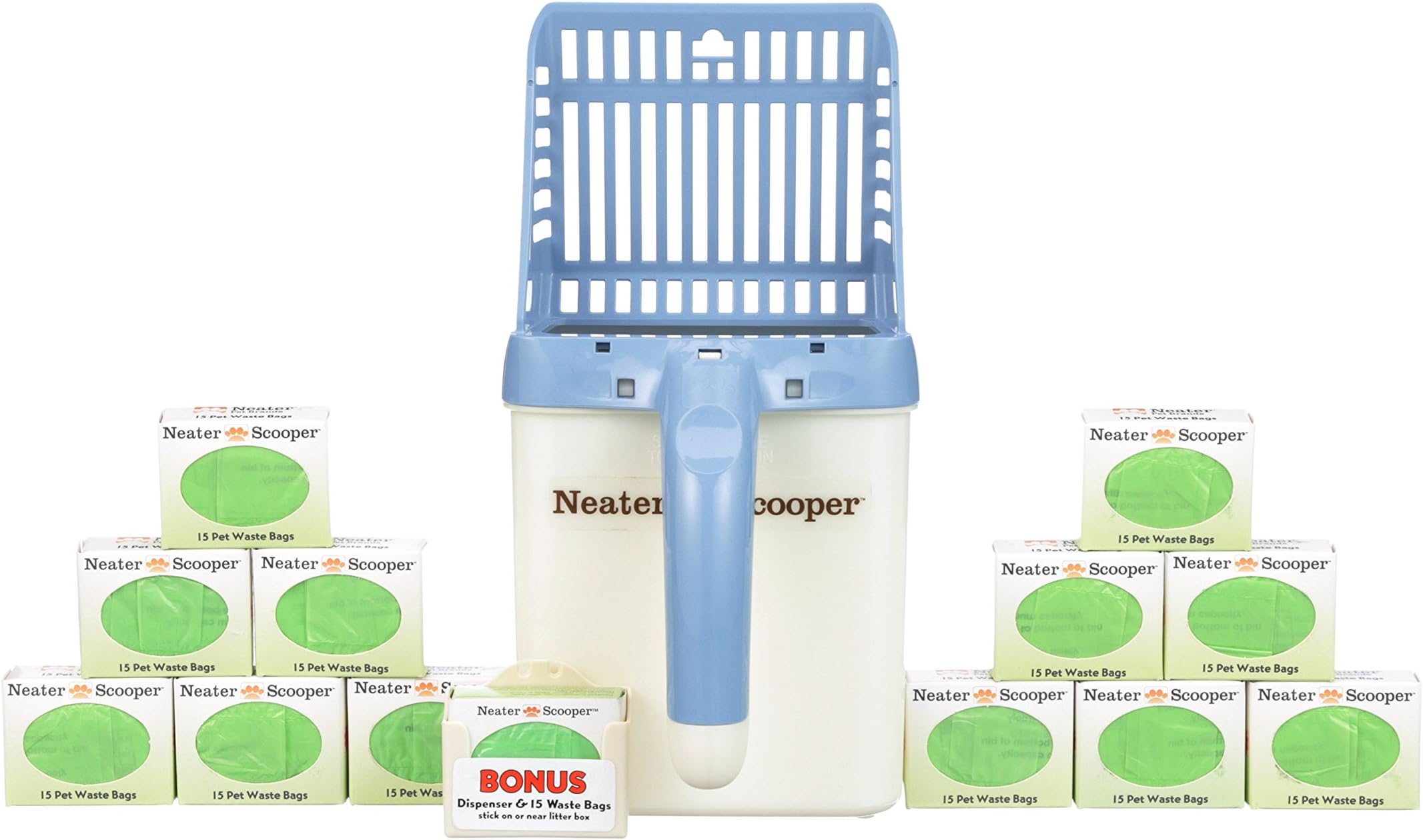 Neater Pet BrandsNeater Scooper Cat Litter Scoop and 195 Count Refill Bag Bundle - Cat Litter Sifter Poop Scoop System with Extra Waste Bags, Blue
