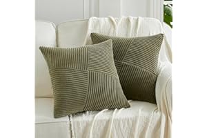 Fancy Homi Set of 2 Olive Green Boho Decorative Throw Pillow Covers 18x18 Inch with Diagonally Pattern for Living Room Couch Bed Sofa, Soft Textured Corduroy Aesthetic Farmhouse Home Decor 45x45 cm