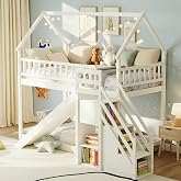 KOMFOTT Wood Twin Over Twin Bunk Bed with Slide &amp; Staircase, Twin House Bunk Bed with Safety Guardrails &amp; Storage, Floor House Bed with Wooden Slat Support for Boys Girls, No Box Spring Needed (White)
