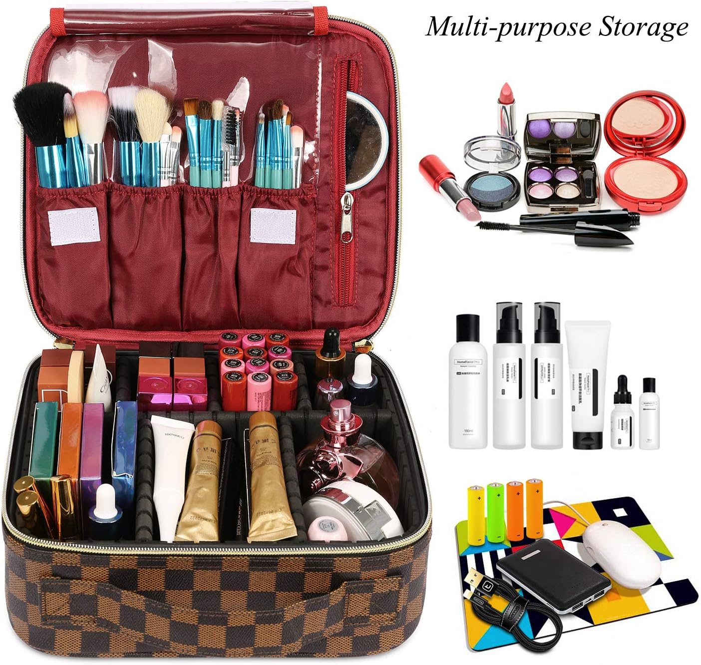 FOOXII Makeup Bag Travel Cosmetic Case Professional Train Case Large Make Up Storage Organizer for Women Girls, Brown