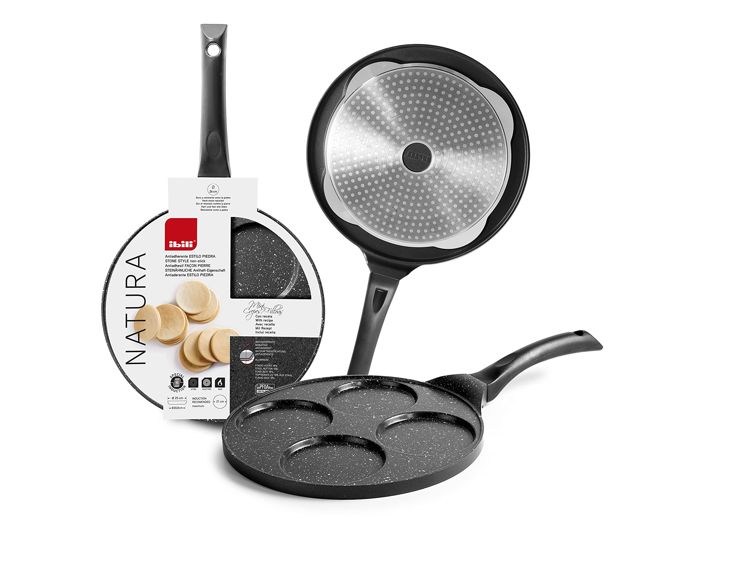 IBILI Natura Crepe Pan for 4 Mini-Crepes, 26 cm, Cast Aluminium, Stone-Style Non-Stick Coating, Suitable for Induction Hobs