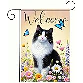 BlissYard Welcome Garden Flag Spring Summer Cat Garden Flag 12x18 Inch Double Sided Flags Black White Cat Floral Butterfly Outdoor Yard Lawn Porch Decor Banner