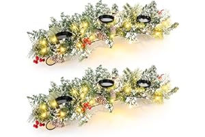 TUANSE 4 Pcs Christmas Table Centerpiece Decoration with 3 Christmas Candle Holders LED Fairy Lights String Lights Battery Operated Artificial Red Berries Pine Cones for Kitchen Indoor Home (Bright Style)