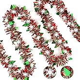 LOAVER 33 FT Christmas Tinsel Garland with Snowflake Christmas Tree,Green Red Metallic Tinsel Twist Garland Shiny Hanging Decoration for Xmas Tree Party Supplies Stair Railing Indoor Outdoor Decor