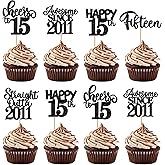 30 Pack Happy 15th Birthday Cupcake Toppers Glitter fifteen Awesome Since Straight Outta 2011 Cupcake Picks Cheers to 15 Years Cake Decorations for Happy 15th Birthday Anniversary Party Supplies Black