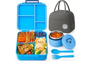 Bento Lunch Box for Kids with Bento Box Bag, Leak-Proof 4-Compartments Lunch Box with 12oz Soup Jar and Cutlery, Drop-Proof, 