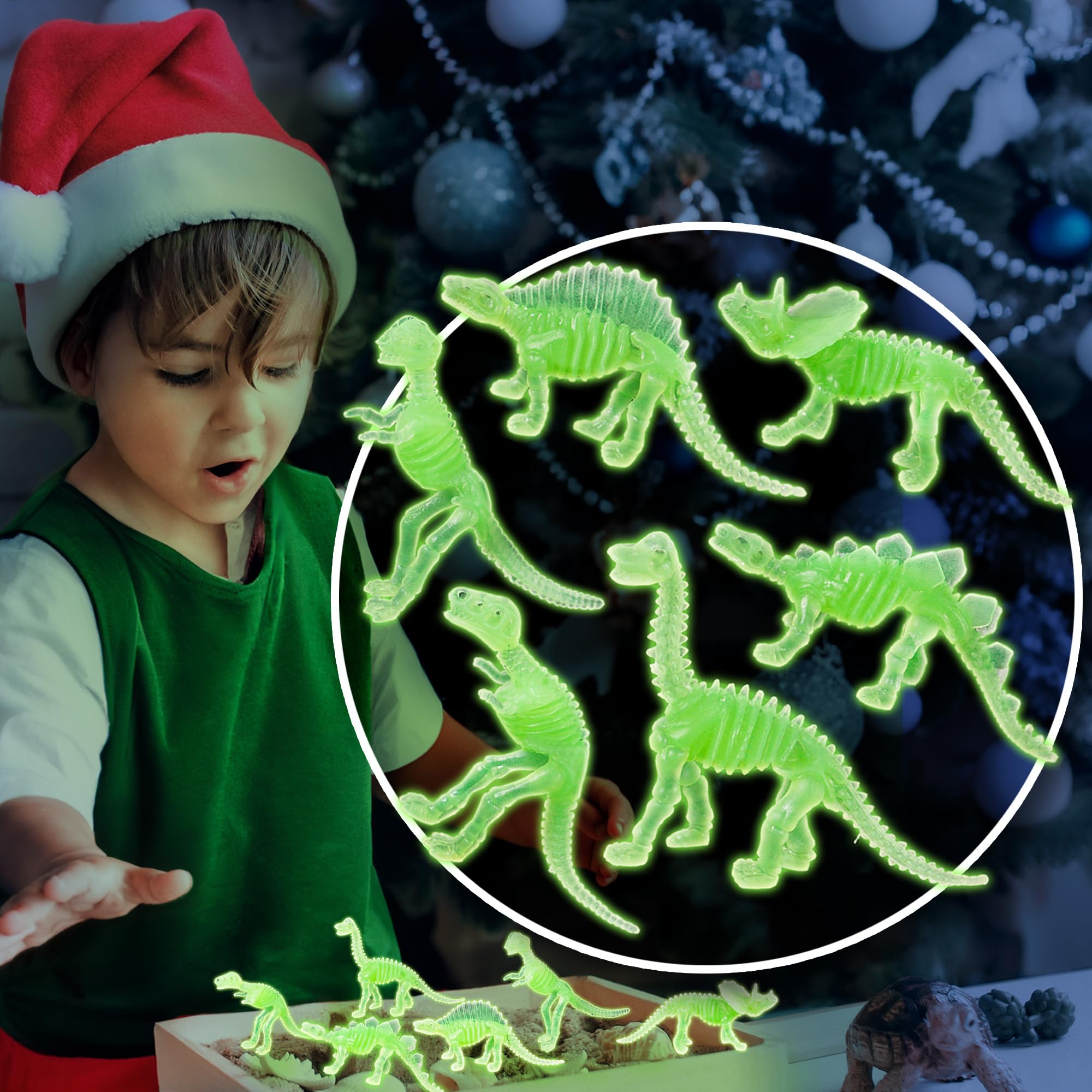 Christmas 12pcs Glow in The Dark Mini Dinosaur Toy Set, Great for Birthday Gift Bags or Party Favors, Goodie Bags, Easter Baskets, and Christmas Stocking Stuffers