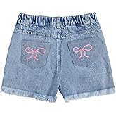 WDIRARA Girl's Bow Embroidered Ripped Denim Shorts Elastic High Waisted Raw Hem Jean Shorts