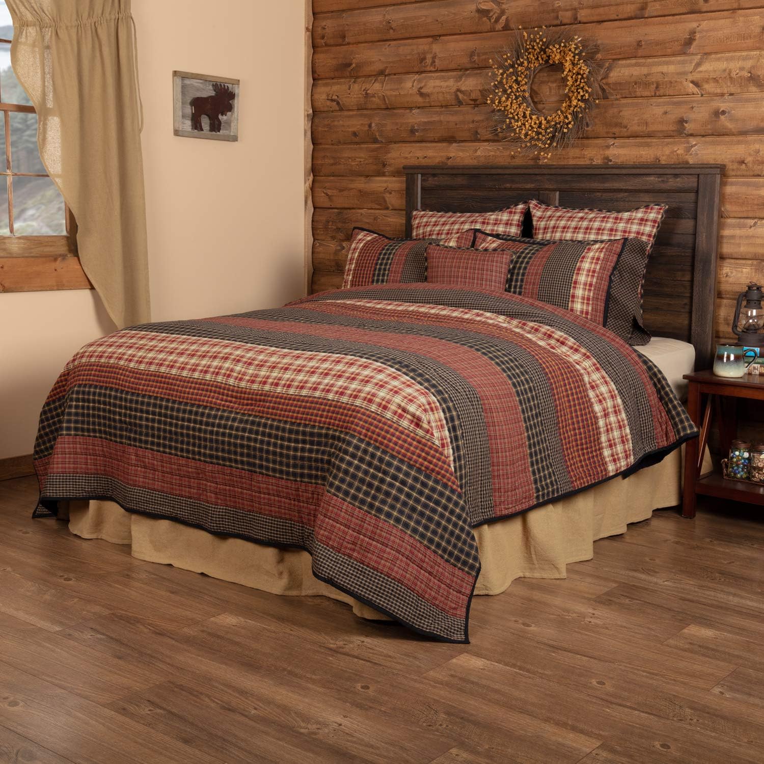 VHC Brands Rustic Beckham Cotton Pre-Washed Patchwork Striped Square Queen Bedding Accessory, Quilt 90x90, Rust Red: Home & Kitchen