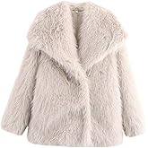ebossy Women's Faux Fur Crop Jacket Long Sleeve Cozy Winter Warm Fluffy Leopard Pure Color Sherpa Coat with Pockets