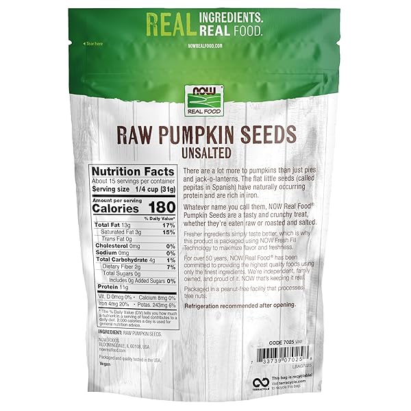 NOW FOODS, PUMPKIN SEEDS, RAW AND UNSALTED, ESSENTIAL FATTY ACIDS, RICH IN IRON, EXCELLENT SOURCE OF PROTEIN, CERTIFIED NON-GMO, 1-POUND (PACKAGING MAY VARY)