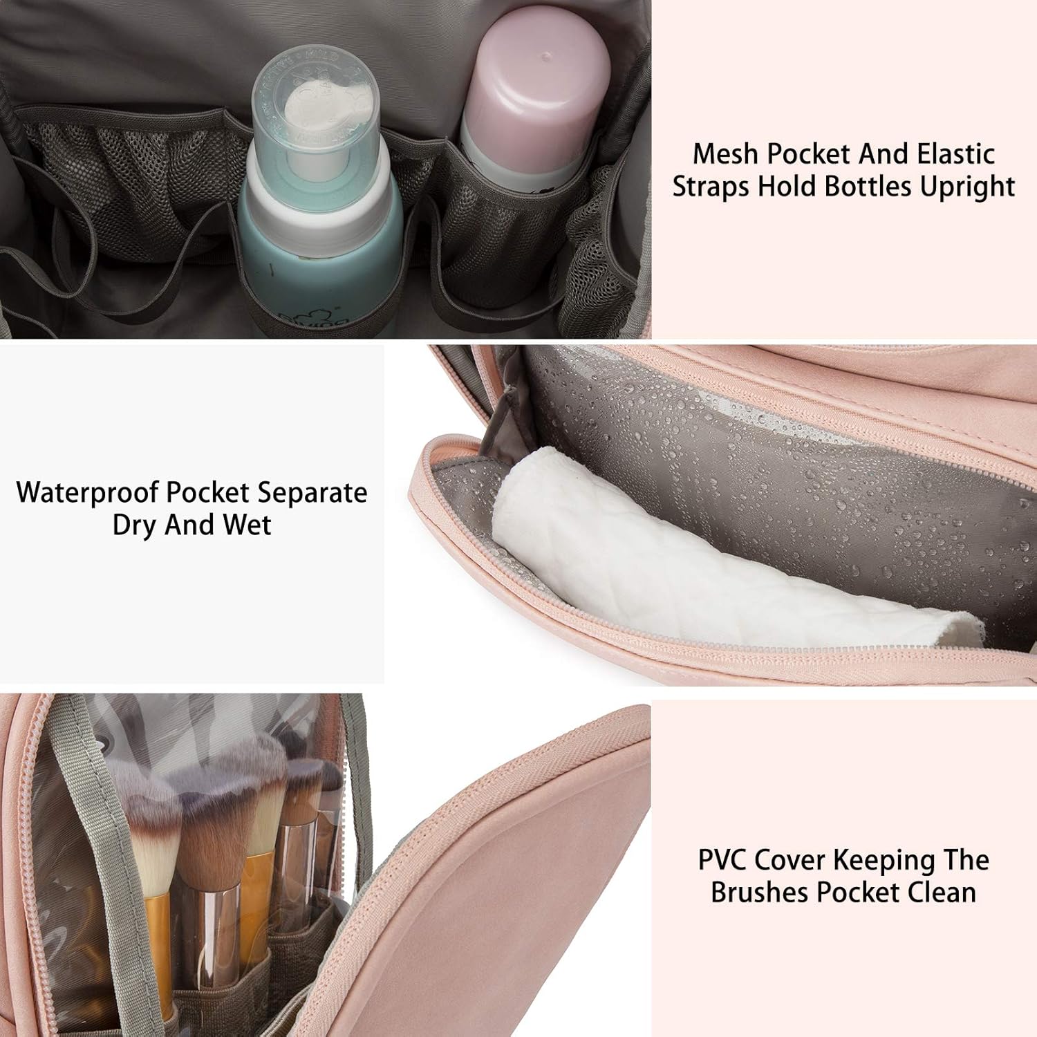 Toiletry Bag, BAGSMART Travel Leather Dopp Kit for Women with Hanging Hook, Water-resistant Large Travel Organizer Kit for Toiletries, Full Sized Container, Make Up Accessories (Pink)