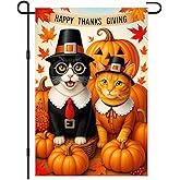 IVN Thanksgiving Garden Flag 12x18 Inch Double Sided Black and Orange Cats Pilgrim Costume Pumpkin Leaves Outdoor Yard Flag for Outside Home Front Door Lawn Porch Patio Welcome Decor