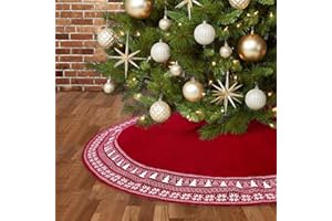 Dremisland Christmas Tree Skirt, Knitted Snowflake and Xmas Tree Pattern Thick Heavy Yarn Knit for A Warm Xmas Holiday Decoration (48inch/122cm, Red)