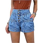 Verdusa Women's Ruffle Denim Shorts Streetwear Button Up Denim Jorts with Pockets