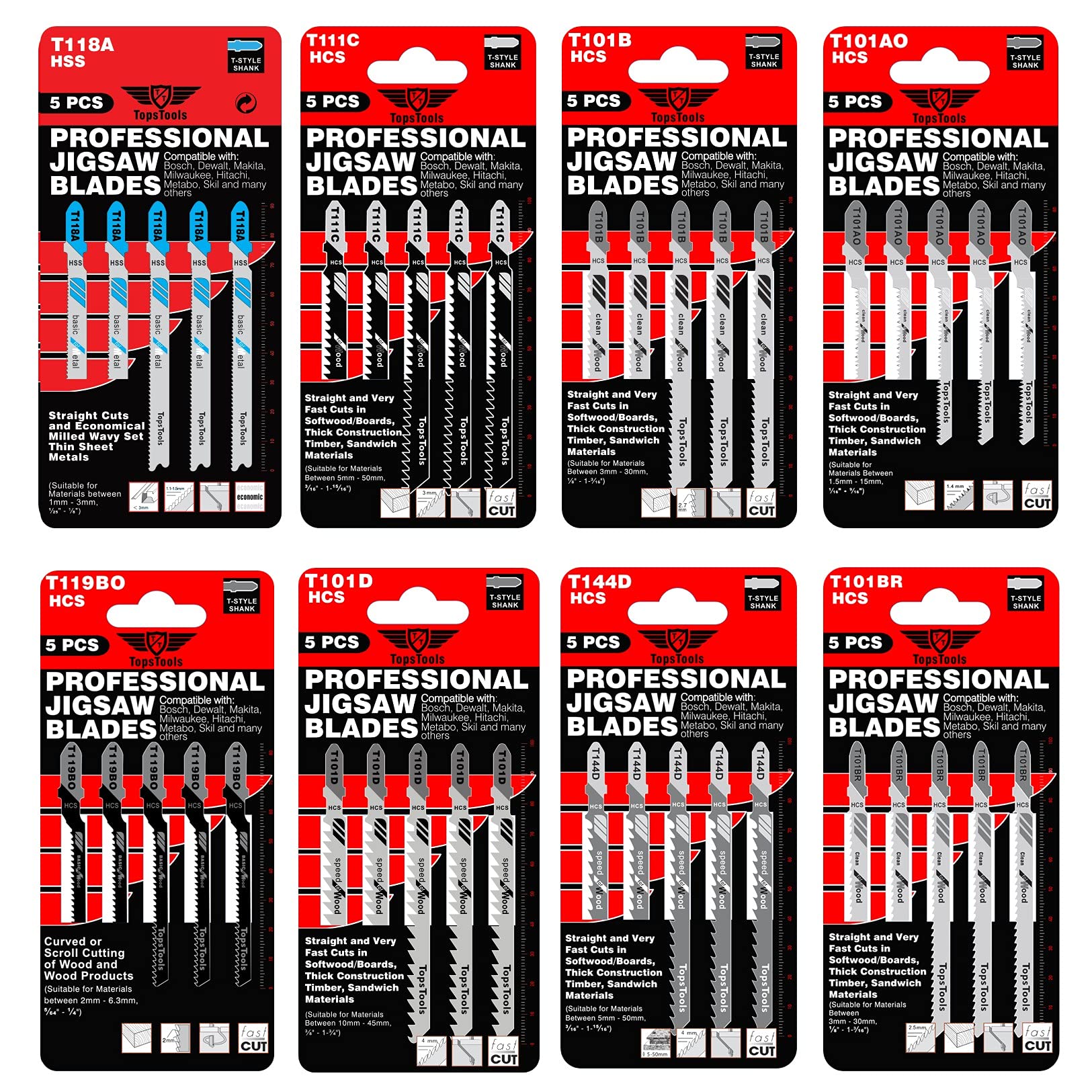 40 x TopsTools JSTTK8 T101AO T101B T101BR T101D T111C T118A T119BO T144D Mixed Jigsaw Blades