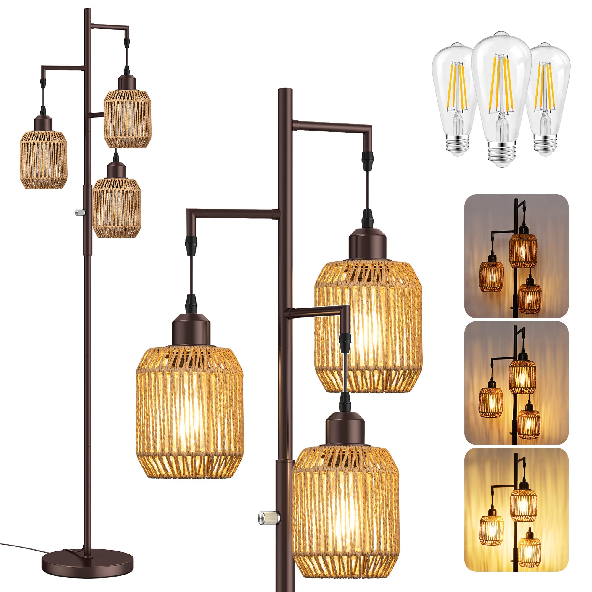 Photo 1 of **SEE CLERK NOTES**ROTTOGOON Dimmable Boho Floor Lamp - 3 Light Farmhouse Rattan Floor Lamp for Living Room, Industrial Tree Floor Lamps with 3 X 6W LED Bulbs, Rustic Standing Tall Lamp for Bedroom, Office, 68", ORB