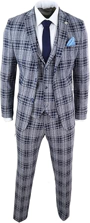 Costume Laine Mélangée Homme 3 Pièces Tweed à Carreaux Bleu
