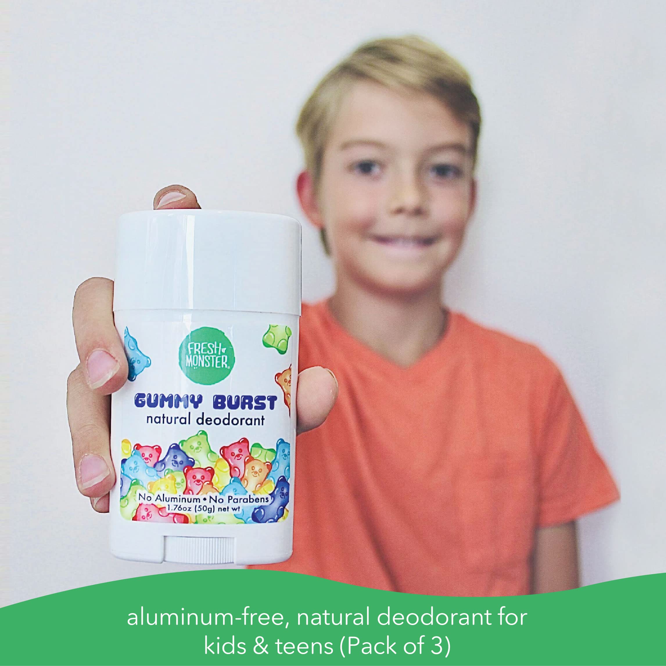 Fresh Monster Natural Deodorant for Kids & Teens I Mom's Choice Gold Award Winner | Aluminum-Free, Paraben-Free, Hypoallergenic I 24-Hour Protection I Gummy Burst Scent I 1.76 oz (3)