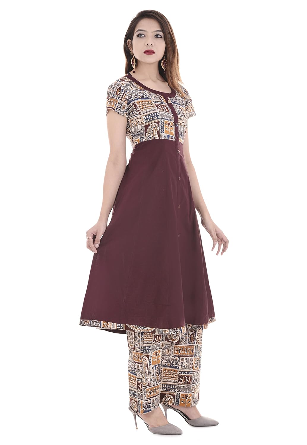 palakh women's cotton dark brown a-line block printed kurti with printed palazzo