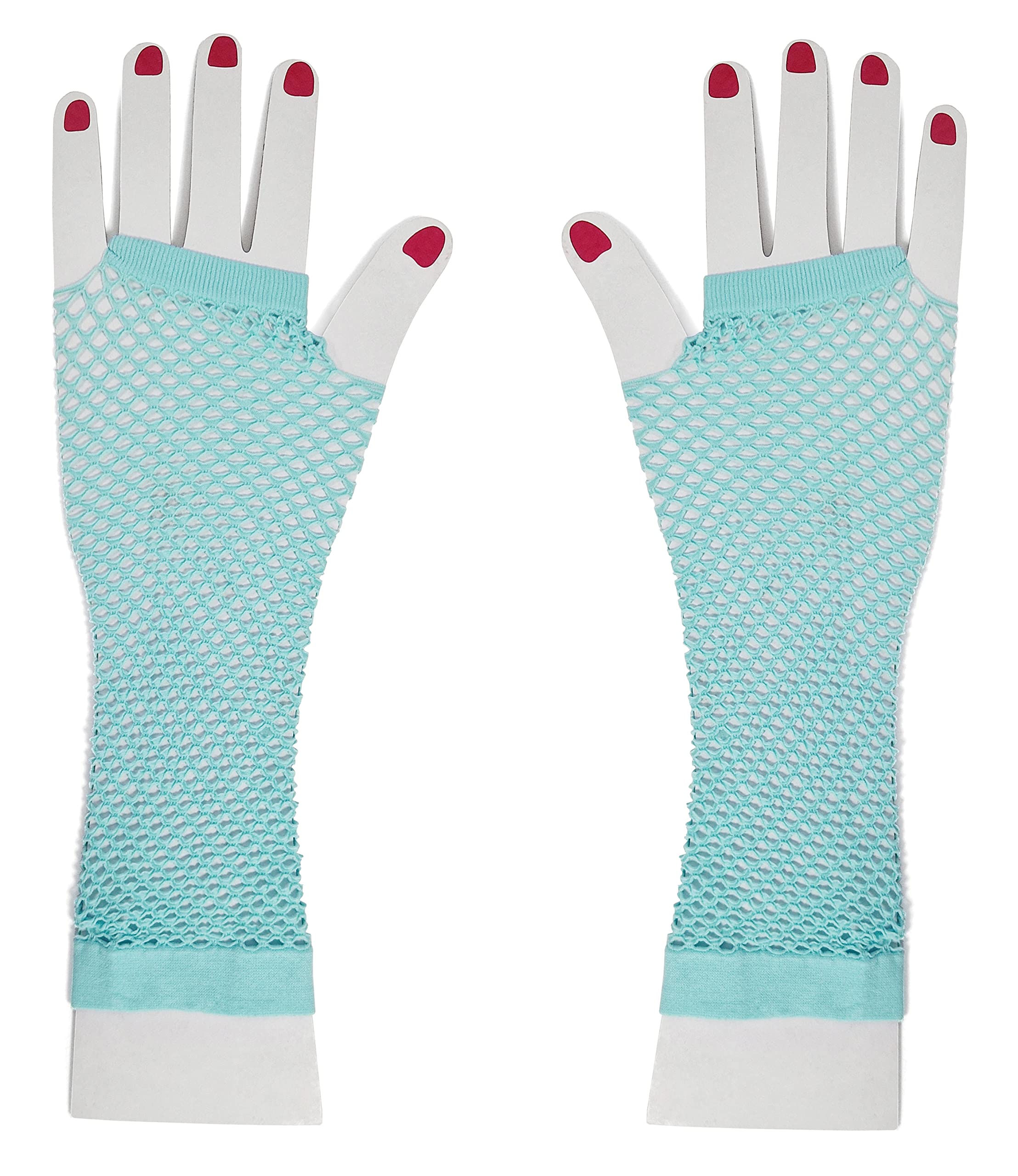 Komonee Baby Blue Fishnet Gloves Long Fingerless Arm Warmers, Elbow Length Mesh Sleeves for Women, Stretchy Sheer Opera Style for Rave Cosplay Halloween 80s Costume, One Size