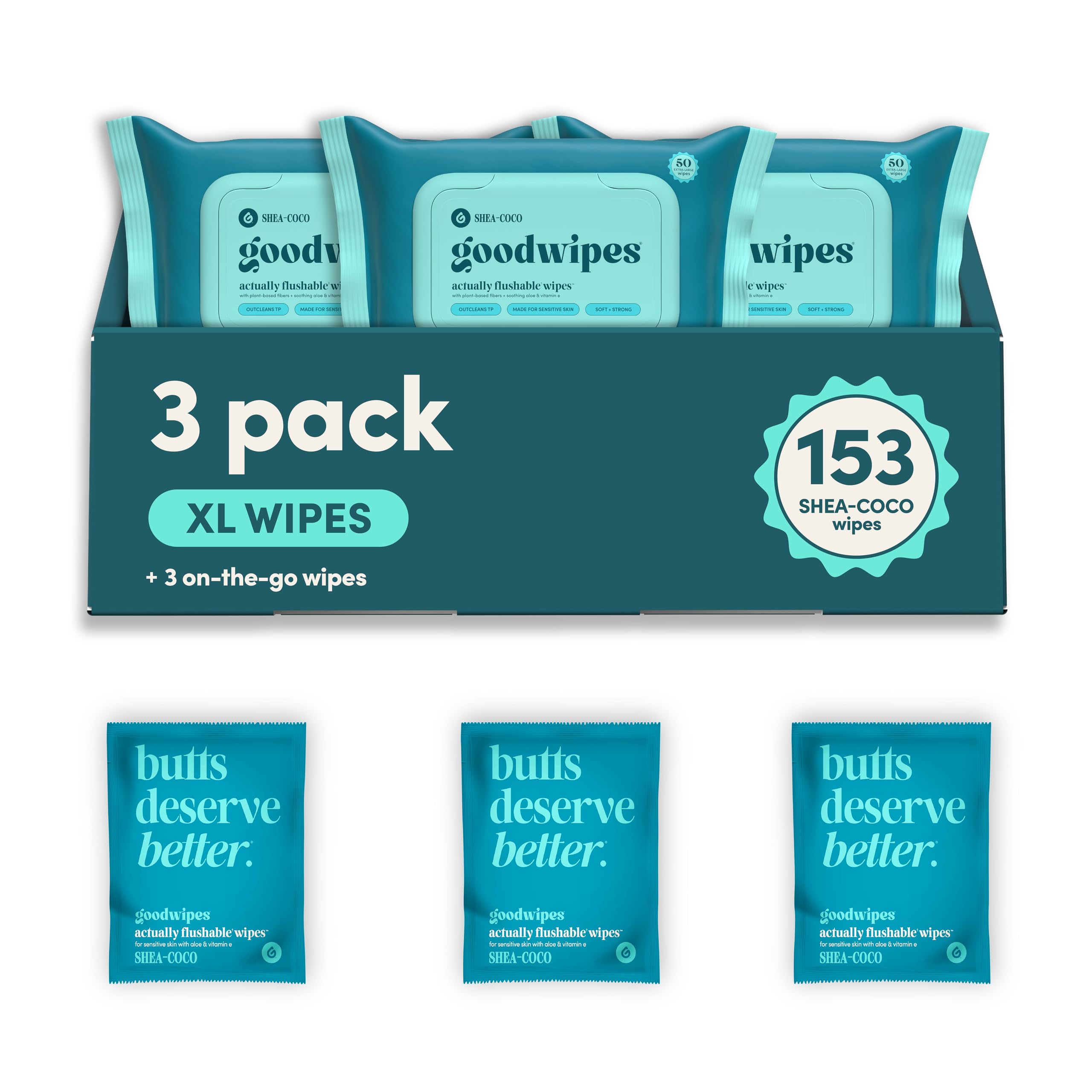 goodwipes Flushable Wipes - Shea-Coco, 153 Wipes (3 Pack + 3 Singles)