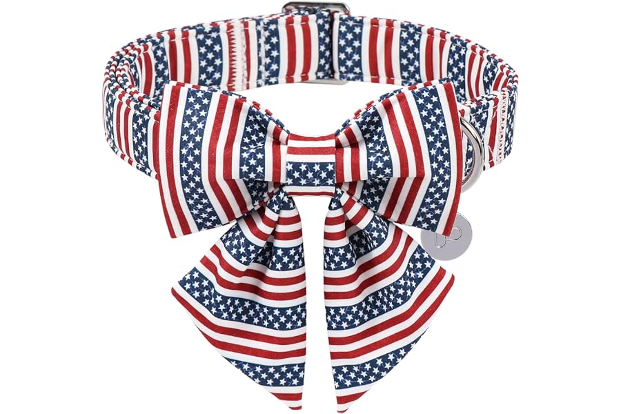 UP URARA PUP Dog Collar with Bow Tie, 4th of July Comfortable Cotton Dog Collar, American Flag Collar for Puppy Girl Boy Dog or Cat, Patriotic Bowtie Collar with Metal Buckle, S
