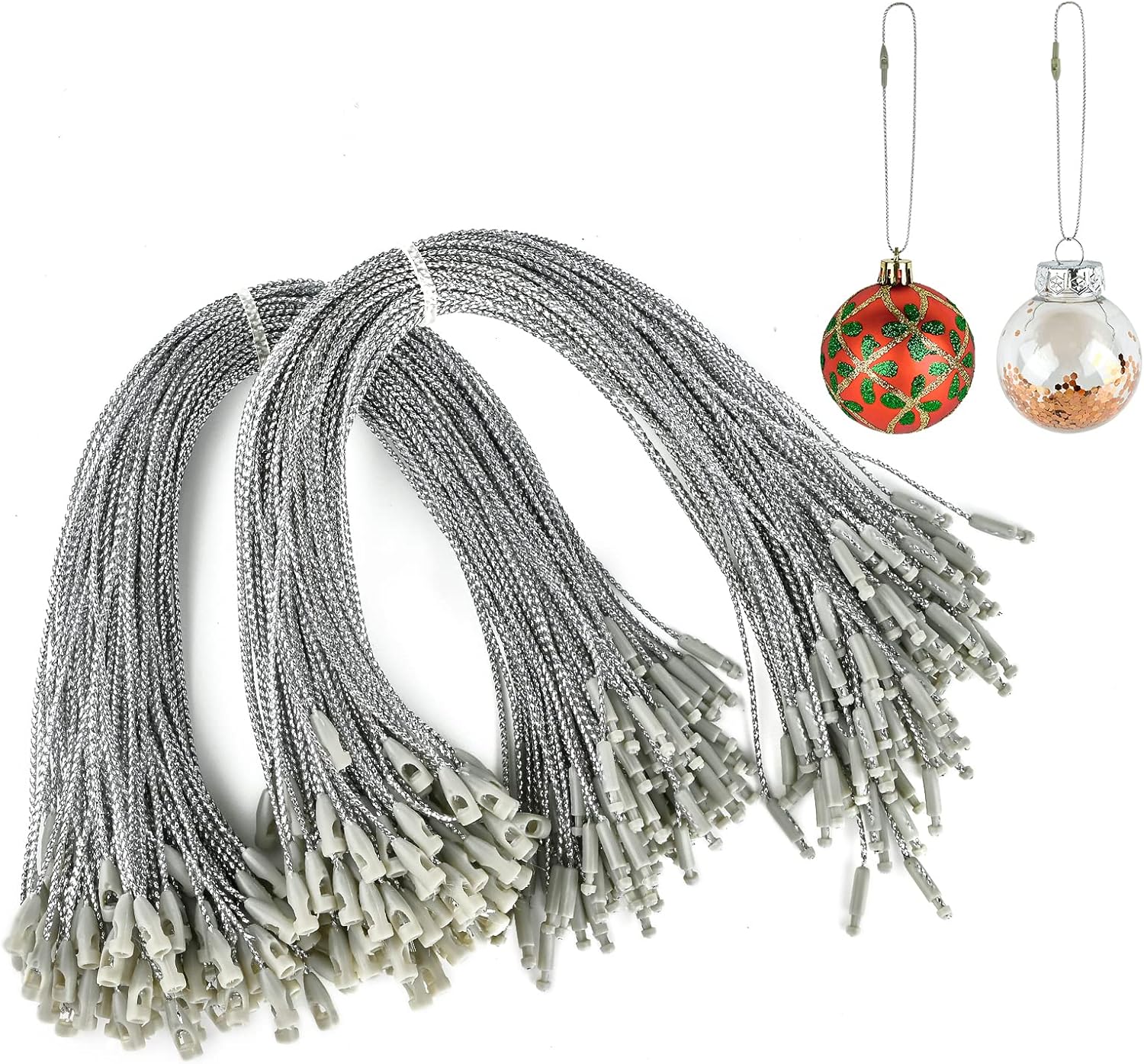 Ornament Hooks - 200pcs Ornaments Hangers Strings with Snaps, Silver Precut Locking Ropes Christmas Tree Hooks Hang Tag Fasteners for Xmas Halloween Decorations