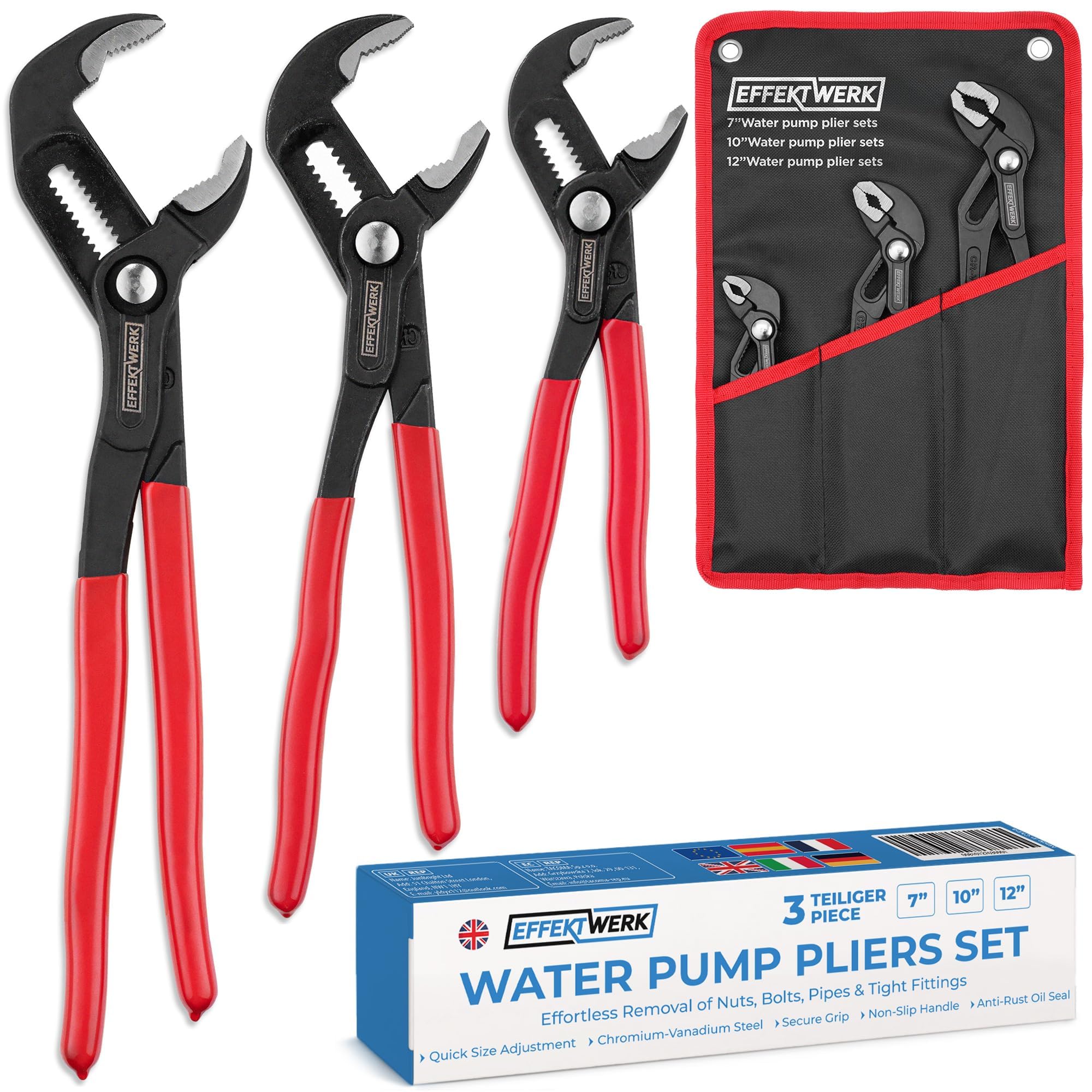 EffektWerk - 3-Piece Water Pump Pliers Set - 180 mm, 250 mm, 300 mm - Non-Slip Plumbers Wrench, Tongue and Groove Pliers with Adjustable Jaws + Ergonomic Handles