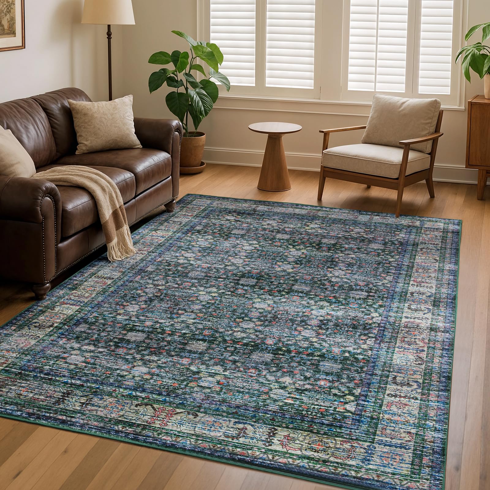 Photo 1 of 5x7 Vintage Area Rug for Living Room Bedroom, Machine Washable Non Slip Indoor Rug, Thin Throw Floral Floor Low Pile Distressed Carpet for Office Nursery Dining Room Green/Multi