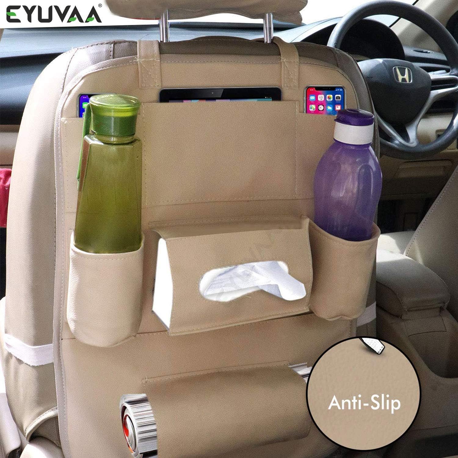 EYUVAA LABEL Multi-Pocket Universal SUV PU Leather Car Back Seat Storage Organizer with Tissue, Water Bottle, Tablet and Document Holder (Beige)