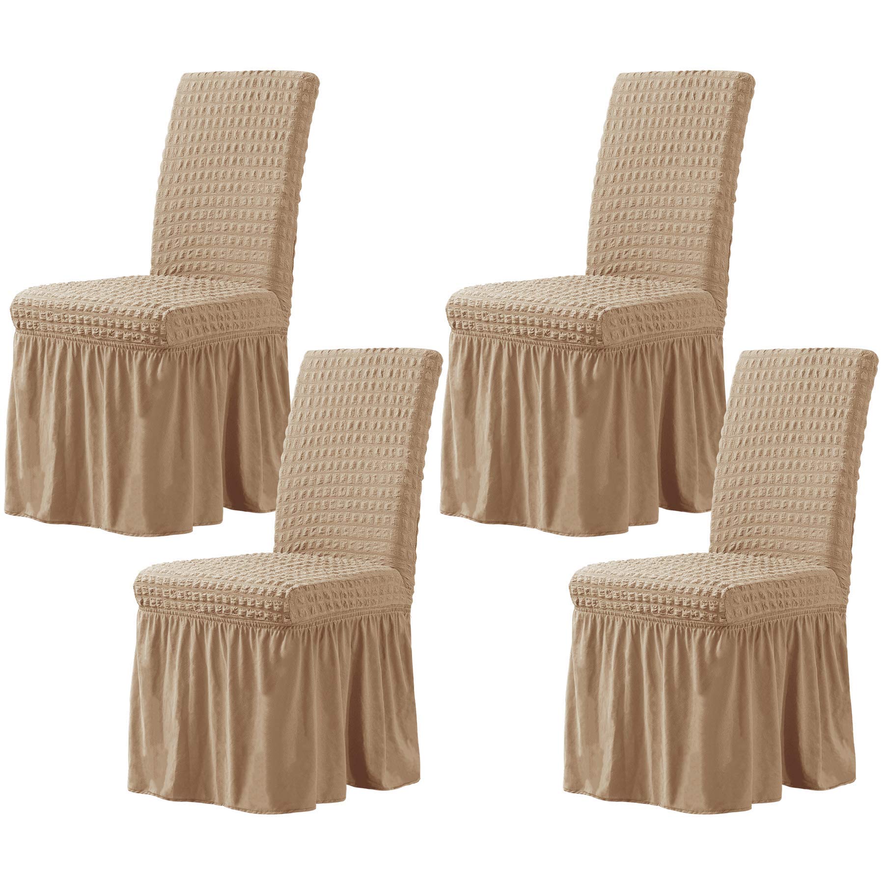 TOYABR 4PCS Stretch Dining Chair Covers with Skirt Spandex Dining Room Chair Cover, Washable Removable Furniture Protector for Home Ceremony Banquet Wedding Party (4PCS, Dark Khaki)