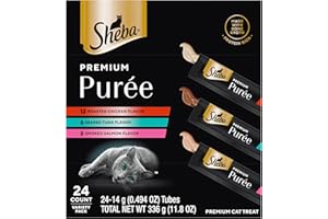 Sheba Premium Puree Cat Treats Lickable Roasted Chicken Flavor, Smoked Salmon Flavor, and Seared Tuna Flavor, 0.49 oz. Tubes, 24 Count