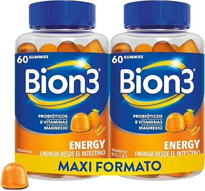 Bion3 Energy Gummies para la energía física y mental con Vitamina C y Magnesio, Vitaminas B12, B1, B2, B3, B6, B7, Vitamina D y Probióticos, 60x2 gummies, para 1-2 meses de uso