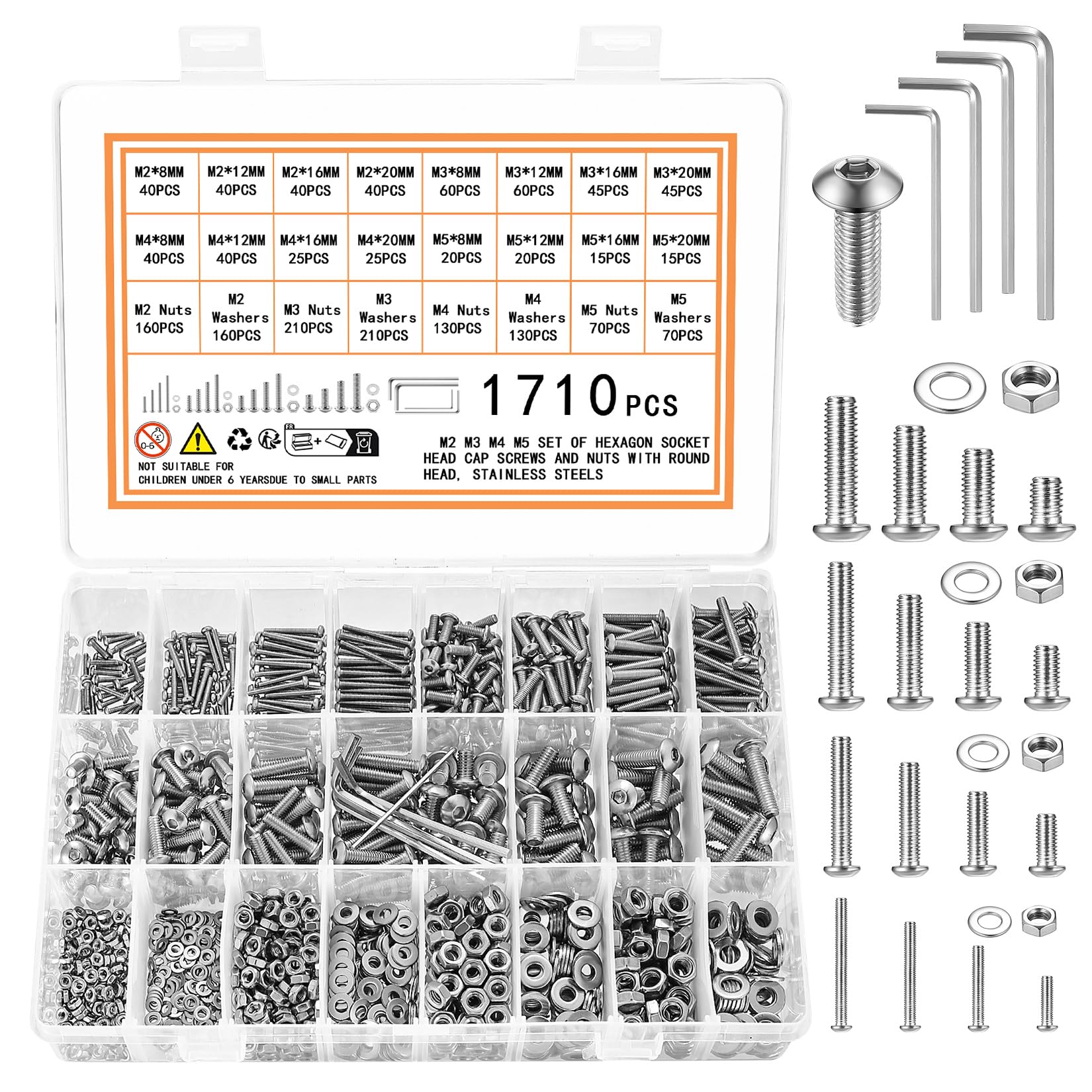 Photo 1 of 1710 Pcs M2 M3 M4 M5 Nuts and Bolts Assortment Kit, Pan Head Machine Screws and Nuts, Hex Button Head Socket Cap Screws Bolts and Nuts Set with Washers, Stainless Steel Metric Screw Assortment Set