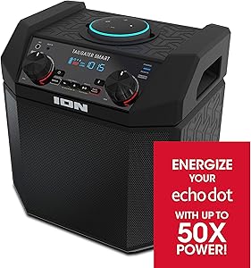 ION Audio 50W Outdoor Echo Dot Speaker Dock/Portable Alexa Accessory With Bluetooth Connectivity and 50 Hour Rechargeable Battery-Tailgater Smart