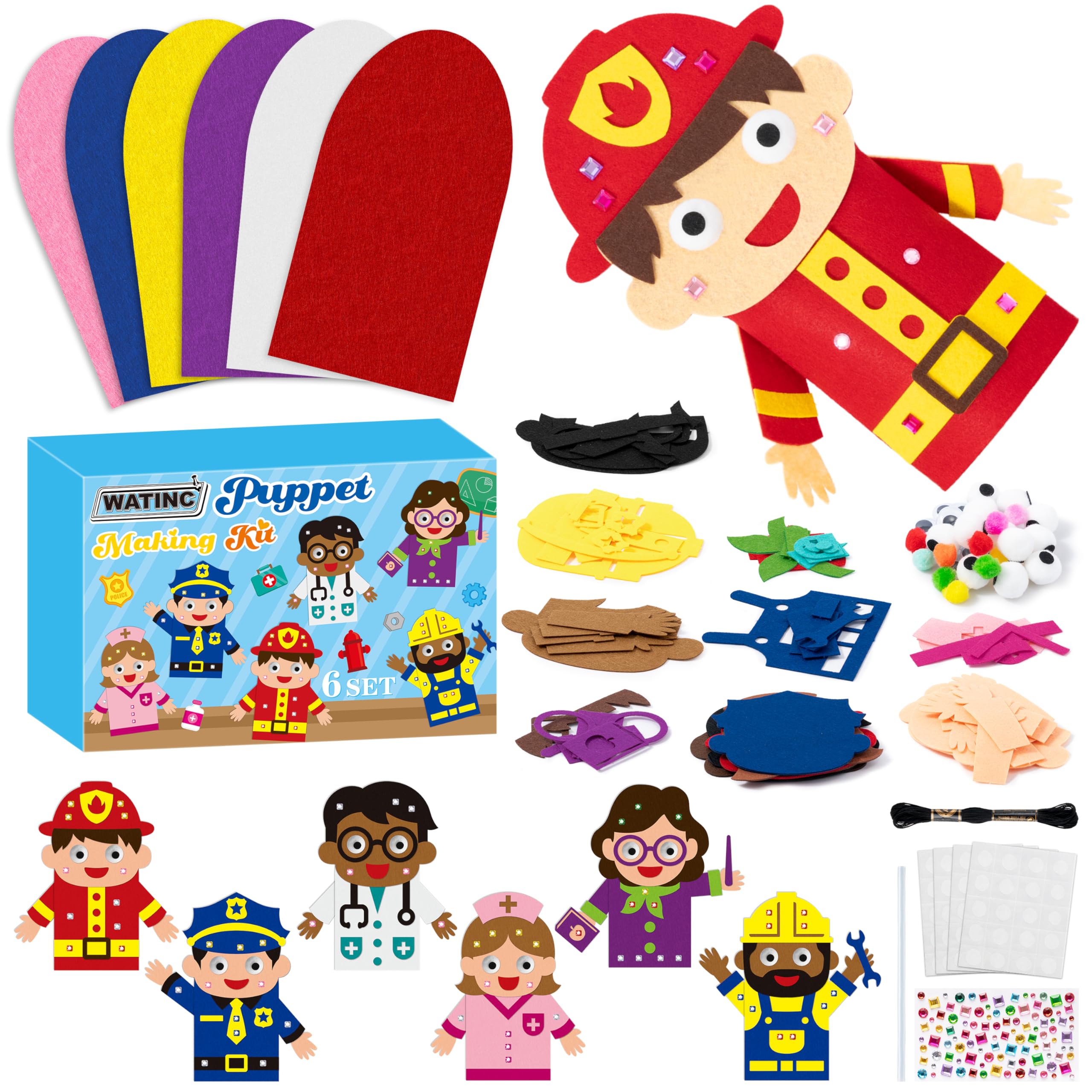 WATINC 6Pcs Hand Puppet Making Kit, Art Craft Felt Sock Puppet Toys, Creative DIY Make Your Own Pompoms Wiggle Googly Eyes Storytelling Role Play Party Supplies Gift for Girls Boys (Career A)