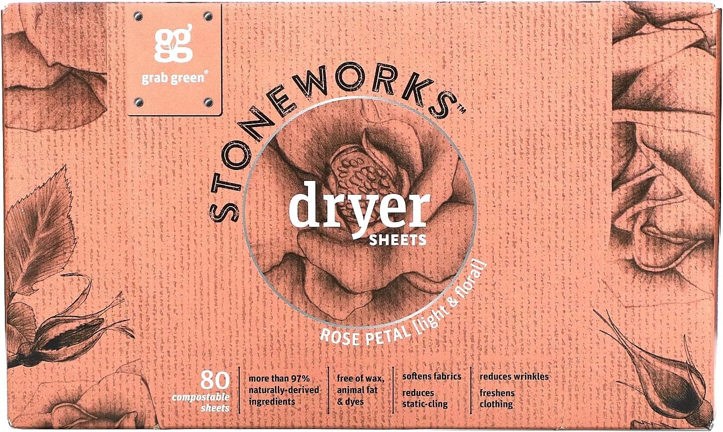 Photo 1 of Grab Green Stoneworks Cruelty-Free Dryer Sheets | Softens Fabrics, Freshens Clothing & Reduces Static-Cling and Wrinkles | Plant Based | Rose Petal Scent (80 Sheets)