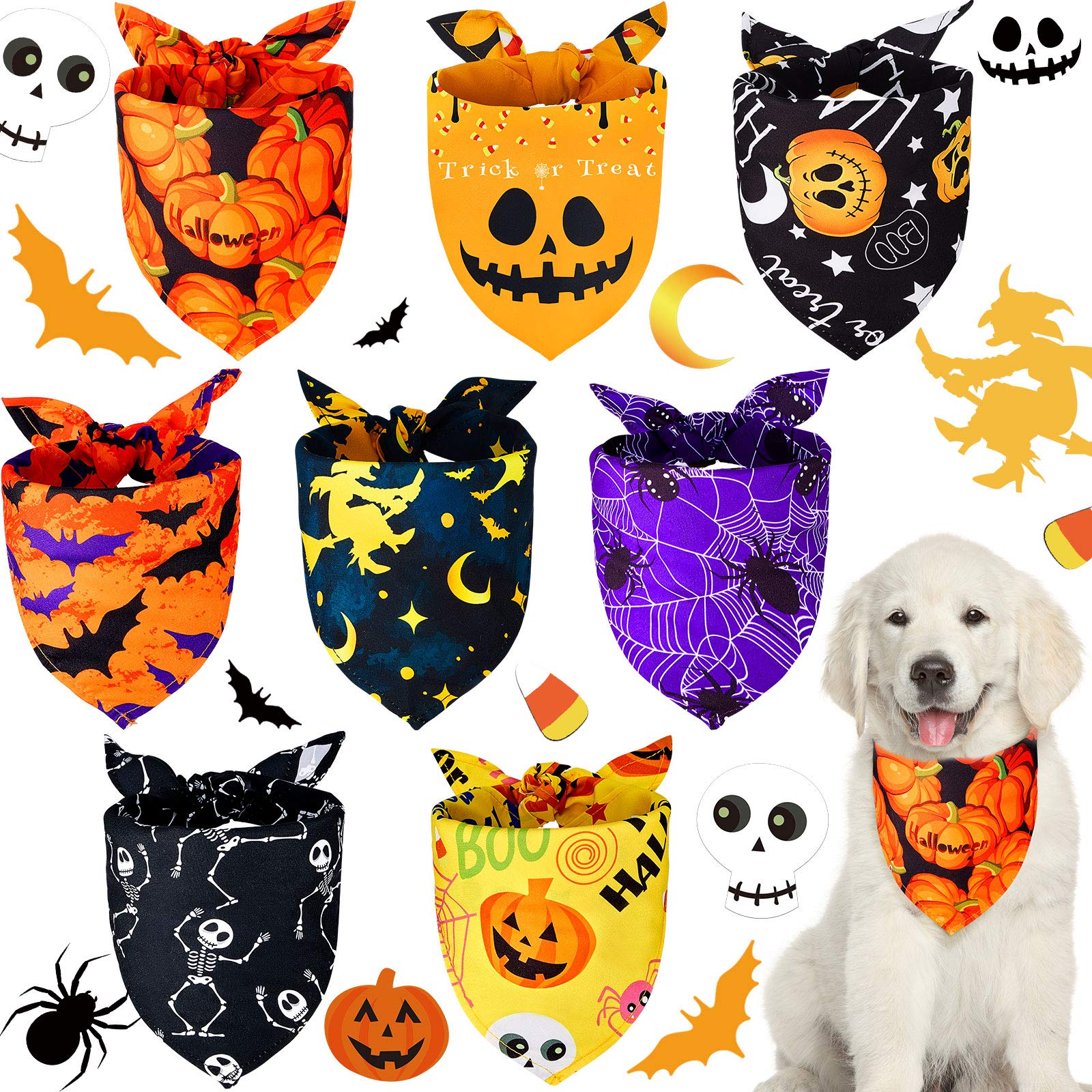 8 Pieces Halloween Dog Bandanas Pumpkin Bat Pet Scarf Dog Triangle Dog Scarf Adjustable Dog Bib Dog Scarf for Halloween Holiday Costume (Classic Style)