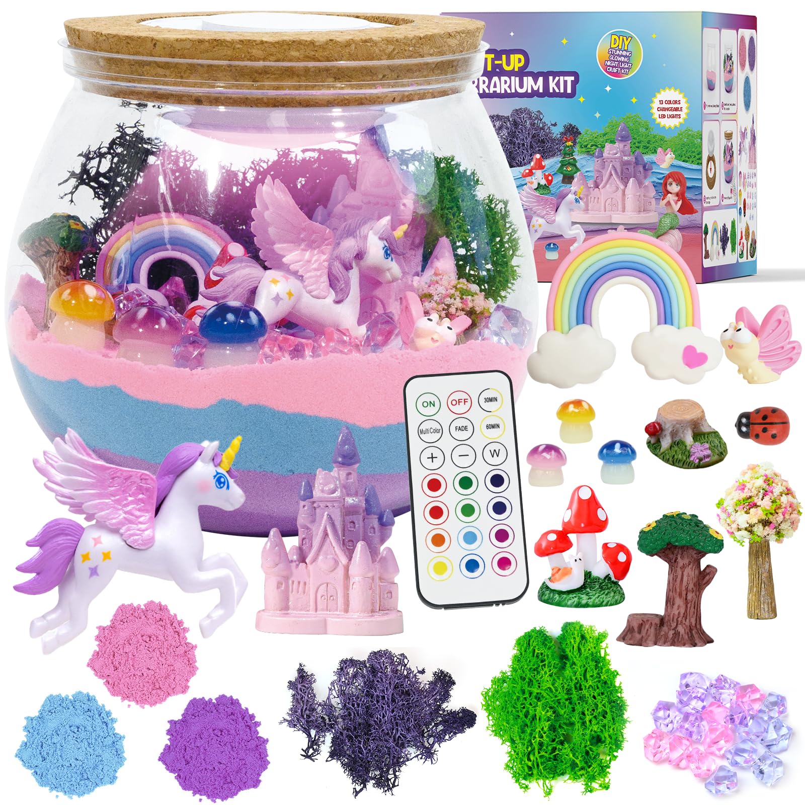 Photo 1 of Unicorn Light-Up Terrarium Kit for Kids - LED Night Light Birthday Gift for Girls Ages 4-12 - DIY Arts and Crafts Kit