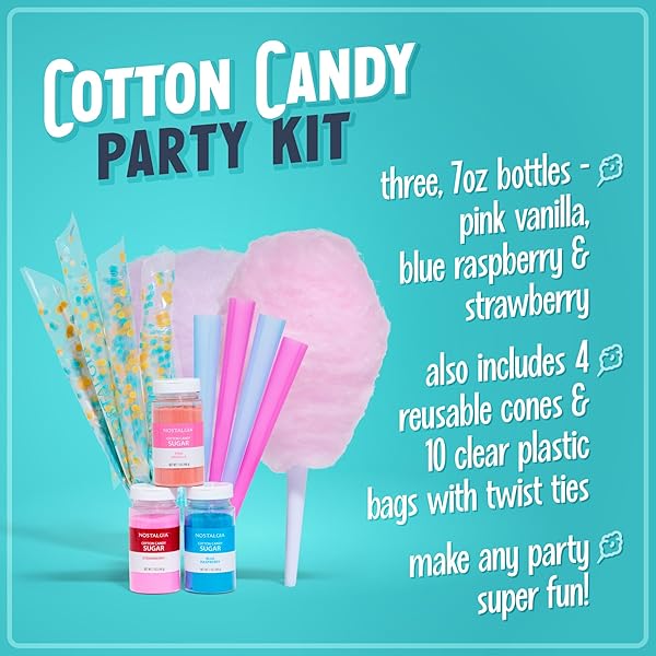 NOSTALGIA COTTON CANDY VARIETY KIT – 3 FLOSSING SUGAR FLAVORS (PINK VANILLA, BLUE RASPBERRY, STRAWBERRY) – 7-OZ BOTTLES, 4 REUSABLE CONES, 10 CLEAR BAGS WITH TWIST TIES – PARTY SUPPLIES