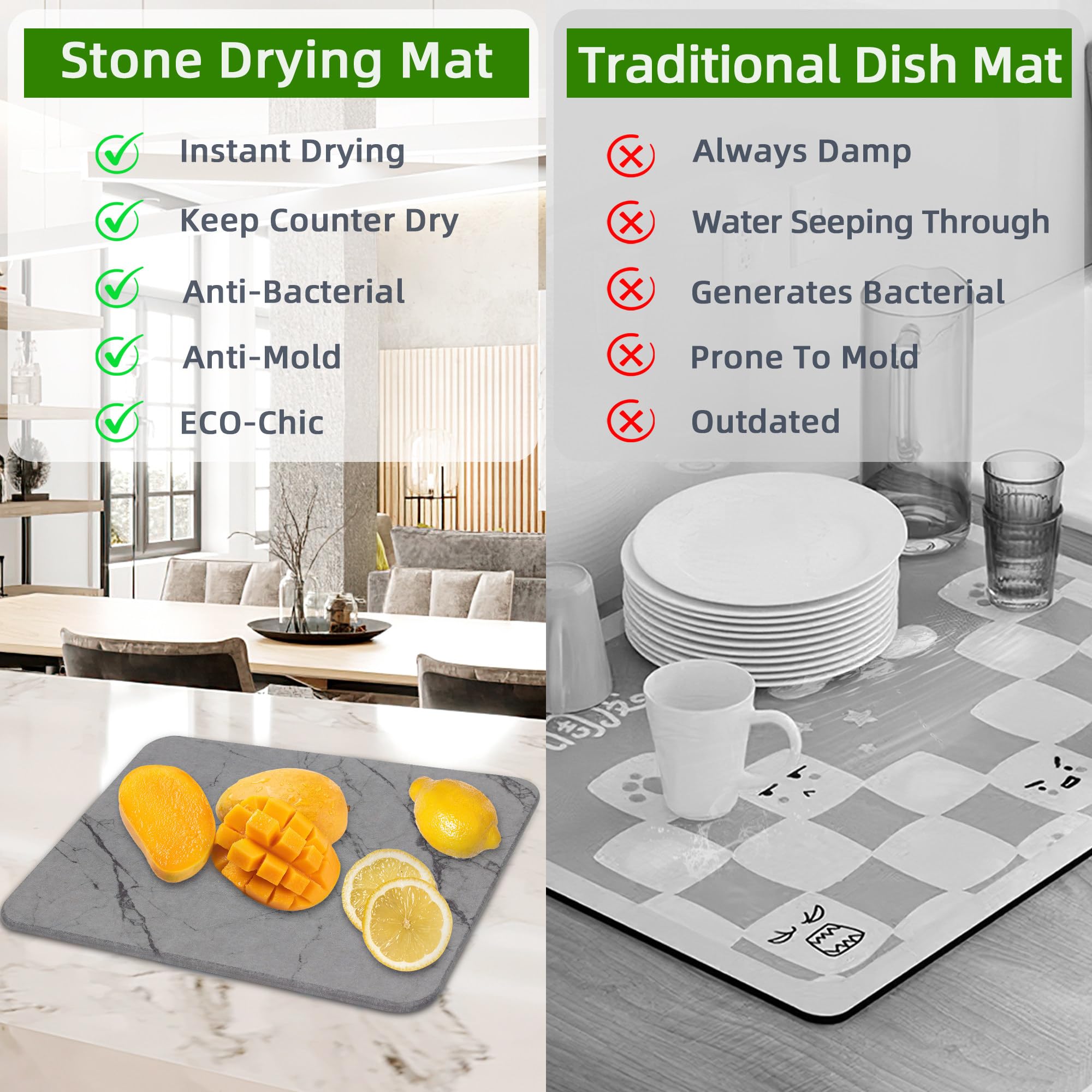 Yukee Stone Dish Drying Mat for Kitchen Counter, Quick Dry Ultra Absorbent Heat Resistant Eco Friendly Diatomaceous Earth Stone Drying Mat for Tableware Bottles Cups Dishes Drying Pad