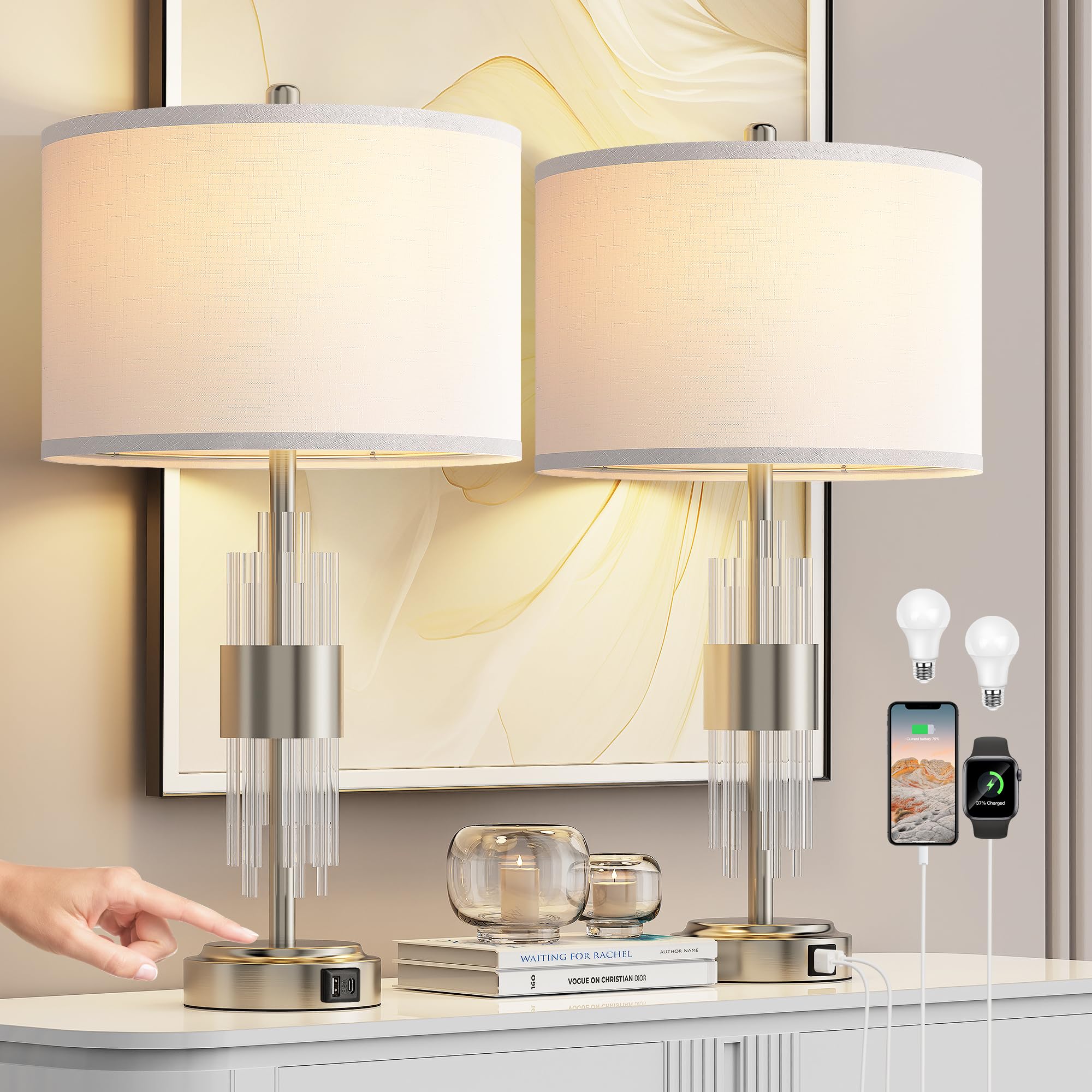 Photo 1 of QiMH Table Lamp for Living Room,Bedside Lamp for Bedrooms Set of 2 with USB A+C Ports,3-Way Dimmable Touch Control,Modern Nightstand Lamp White Lampshade Home Decor, LED Bulb Included, Brushed Silver